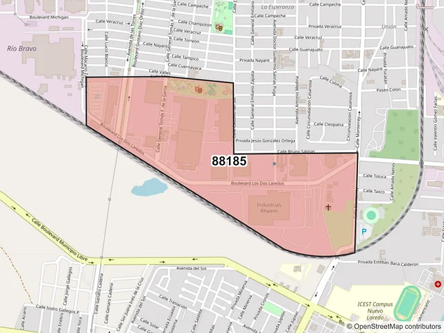 Mapa del código postal 88185, Nuevo Laredo, Tamaulipas