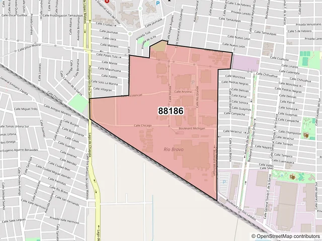 Mapa del código postal 88186, Nuevo Laredo, Tamaulipas