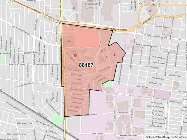 Mapa del código postal 88187, Nuevo Laredo, Tamaulipas