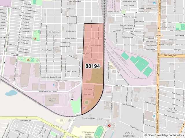Mapa del código postal 88194, Nuevo Laredo, Tamaulipas
