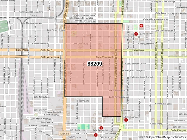 Mapa del código postal 88209, Nuevo Laredo, Tamaulipas