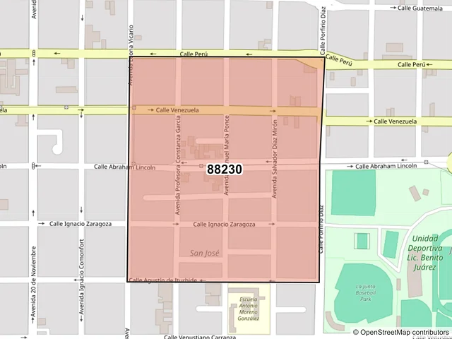 Mapa del código postal 88230, Nuevo Laredo, Tamaulipas