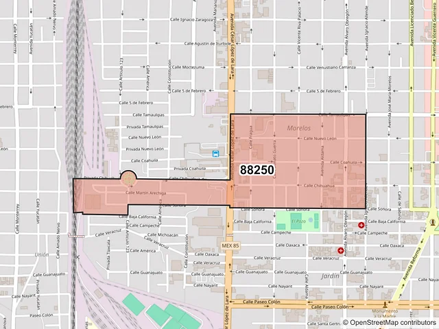Mapa del código postal 88250, Nuevo Laredo, Tamaulipas
