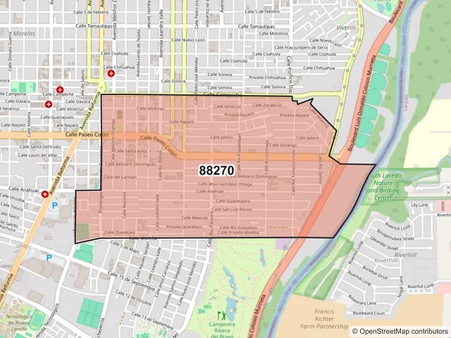 Mapa del código postal 88270, Nuevo Laredo, Tamaulipas