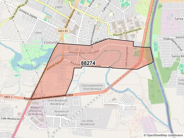 Mapa del código postal 88274, Nuevo Laredo, Tamaulipas
