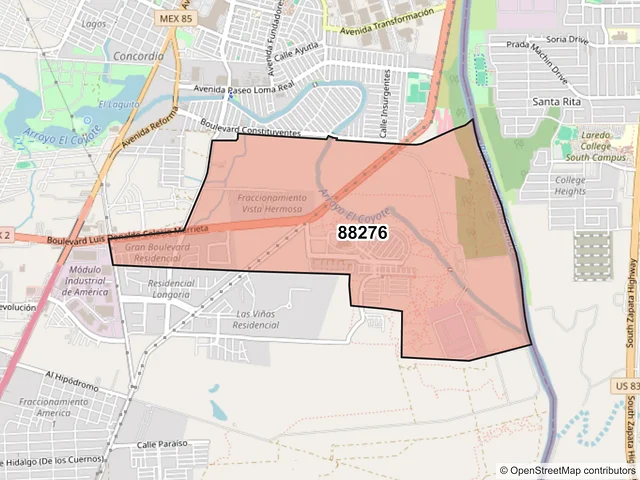 Mapa del código postal 88276, Nuevo Laredo, Tamaulipas