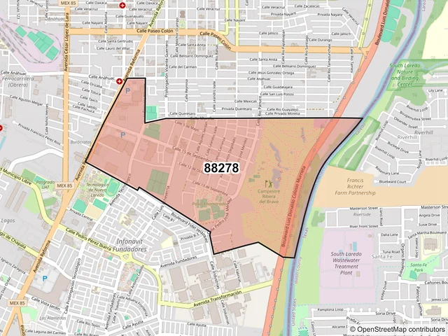 Mapa del código postal 88278, Nuevo Laredo, Tamaulipas