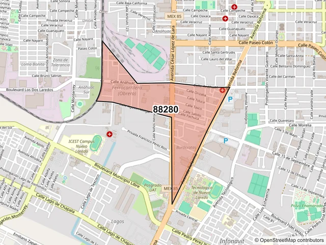 Mapa del código postal 88280, Nuevo Laredo, Tamaulipas