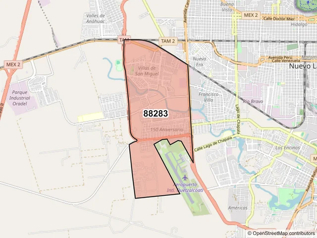 Mapa del código postal 88283, Nuevo Laredo, Tamaulipas
