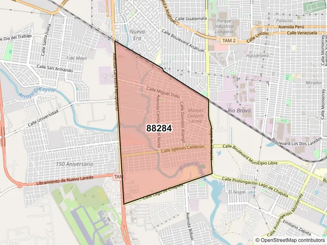 Mapa del código postal 88284, Nuevo Laredo, Tamaulipas