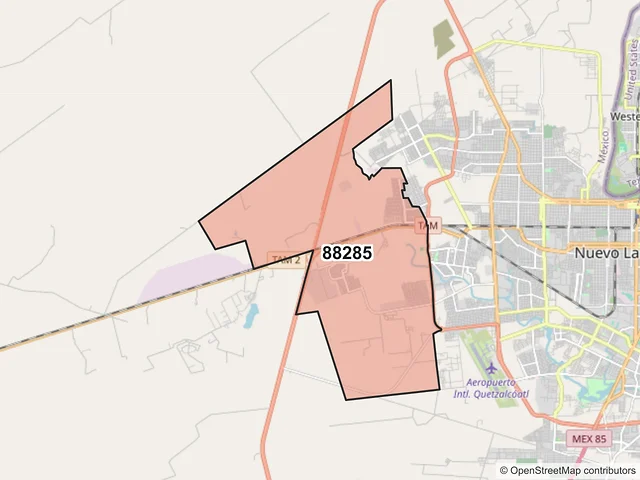 Mapa del código postal 88285, Nuevo Laredo, Tamaulipas