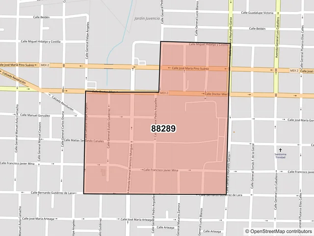 Mapa del código postal 88289, Nuevo Laredo, Tamaulipas