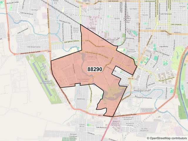 Mapa del código postal 88290, Nuevo Laredo, Tamaulipas