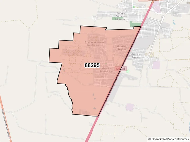 Mapa del código postal 88295, Nuevo Laredo, Tamaulipas