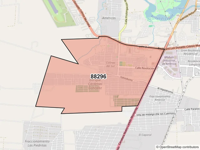 Mapa del código postal 88296, Nuevo Laredo, Tamaulipas