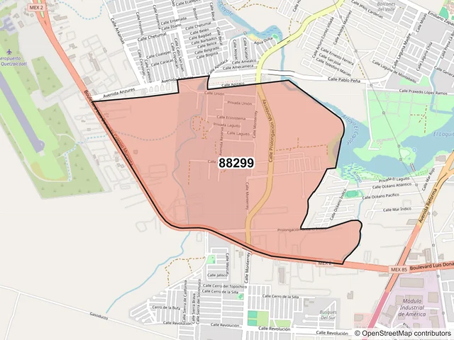 Mapa del código postal 88299, Nuevo Laredo, Tamaulipas