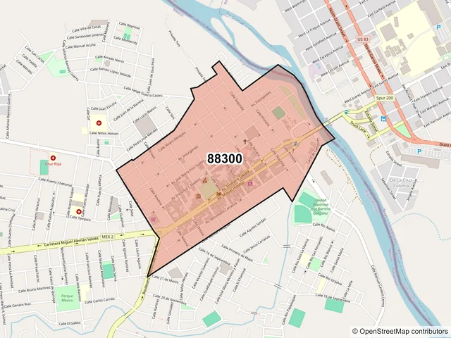 Mapa del código postal 88300, Miguel Alemán, Tamaulipas