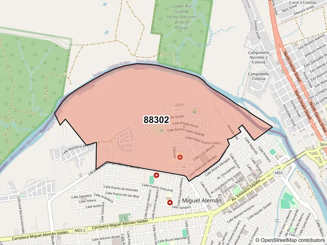 Mapa del código postal 88302, Miguel Alemán, Tamaulipas