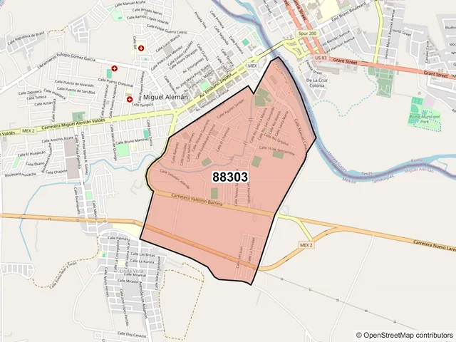 Mapa del código postal 88303, Miguel Alemán, Tamaulipas