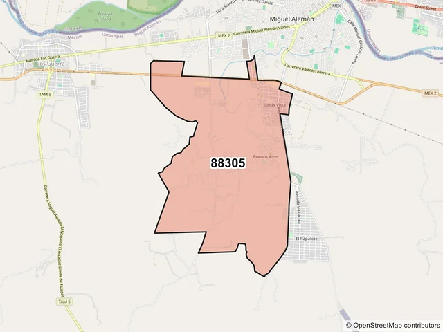Mapa del código postal 88305, Miguel Alemán, Tamaulipas