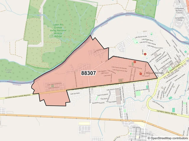 Mapa del código postal 88307, Miguel Alemán, Tamaulipas