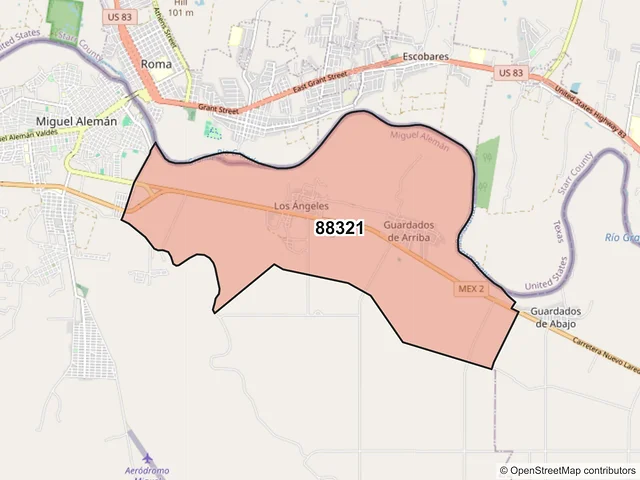 Mapa del código postal 88321, Miguel Alemán, Tamaulipas