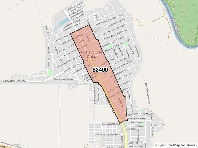 Mapa del código postal 88400, Gustavo Díaz Ordaz, Tamaulipas