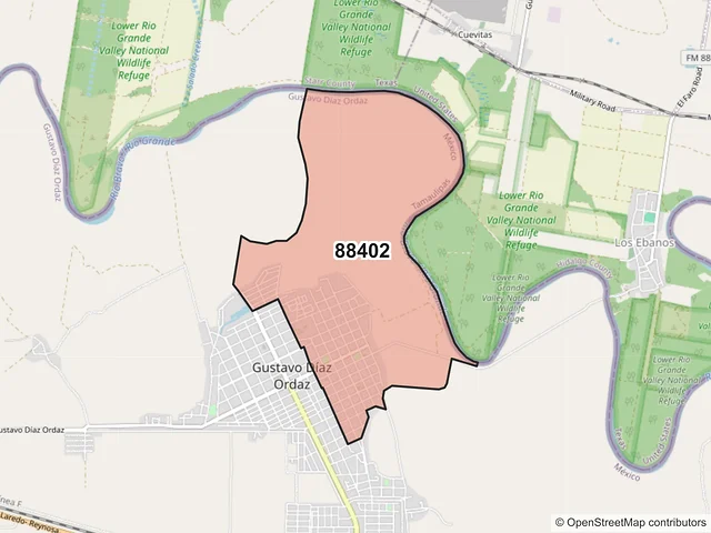 Mapa del código postal 88402, Gustavo Díaz Ordaz, Tamaulipas