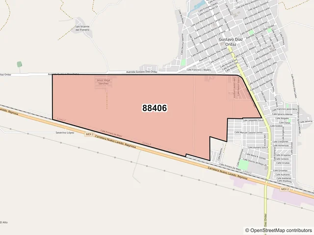 Mapa del código postal 88406, Gustavo Díaz Ordaz, Tamaulipas