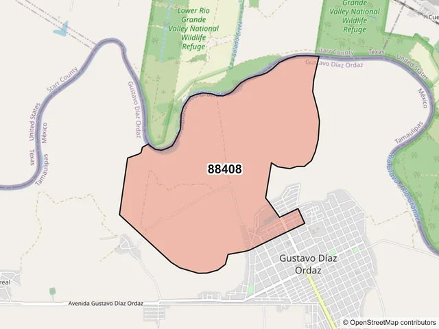 Mapa del código postal 88408, Gustavo Díaz Ordaz, Tamaulipas