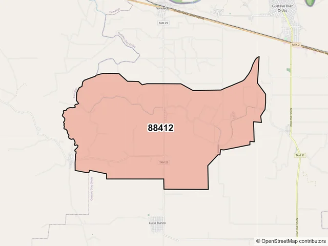 Mapa del código postal 88412, Gustavo Díaz Ordaz, Tamaulipas