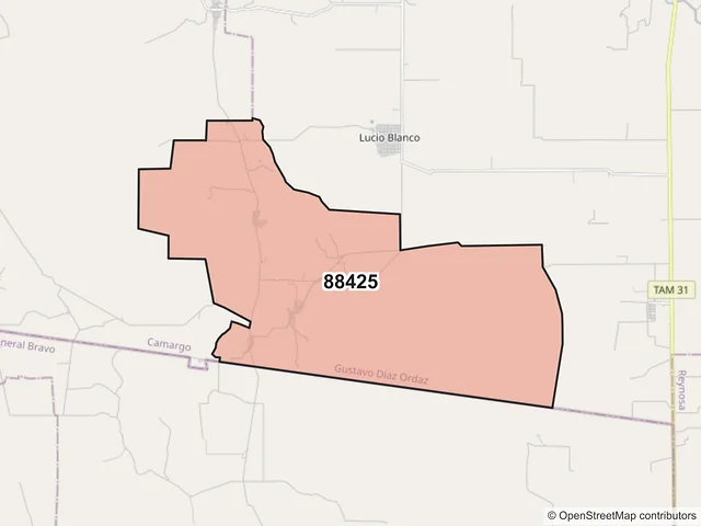 Mapa del código postal 88425, Gustavo Díaz Ordaz, Tamaulipas