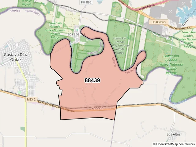 Mapa del código postal 88439, Gustavo Díaz Ordaz, Tamaulipas