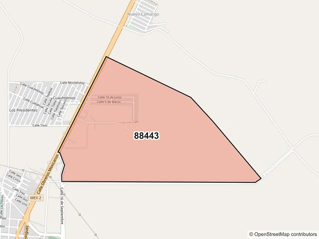 Mapa del código postal 88443, Camargo, Tamaulipas