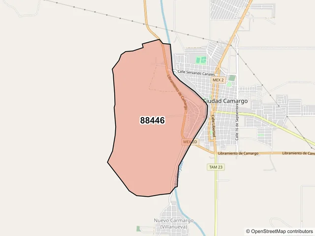Mapa del código postal 88446, Camargo, Tamaulipas