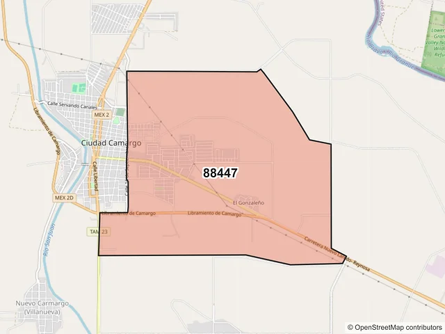 Mapa del código postal 88447, Camargo, Tamaulipas