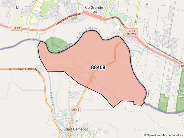 Mapa del código postal 88459, Camargo, Tamaulipas