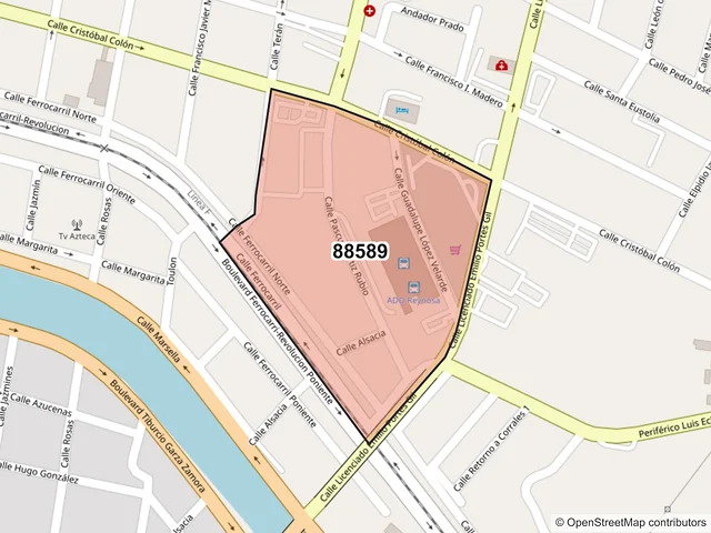 Mapa del código postal 88589, Reynosa, Tamaulipas