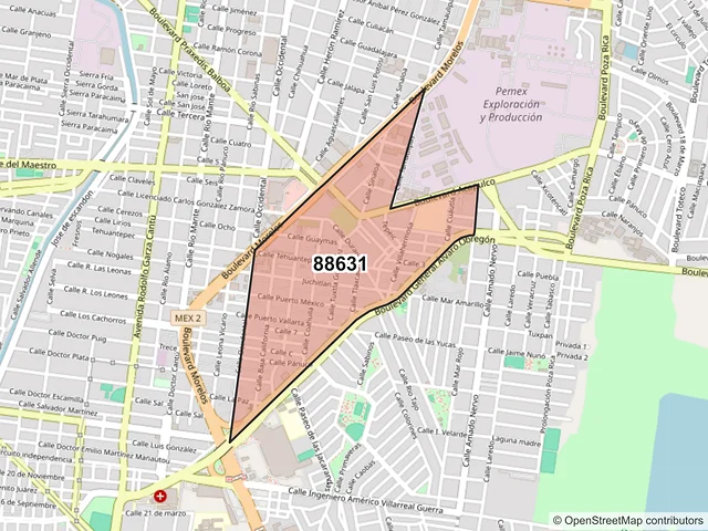 Mapa del código postal 88631, Reynosa, Tamaulipas