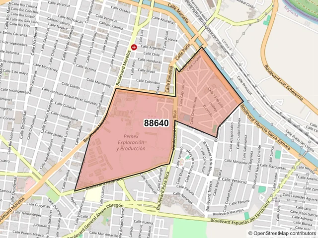 Mapa del código postal 88640, Reynosa, Tamaulipas