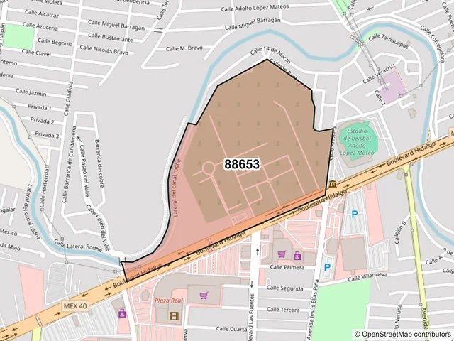 Mapa del código postal 88653, Reynosa, Tamaulipas