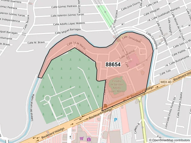 Mapa del código postal 88654, Reynosa, Tamaulipas