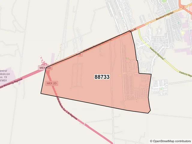 Mapa del código postal 88733, Reynosa, Tamaulipas