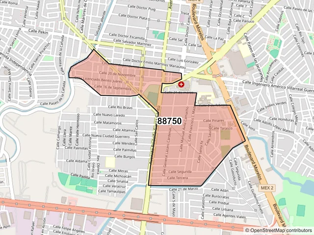 Mapa del código postal 88750, Reynosa, Tamaulipas