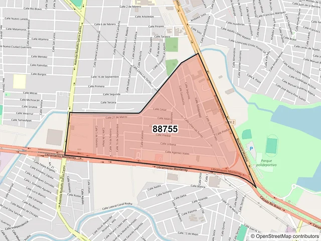 Mapa del código postal 88755, Reynosa, Tamaulipas