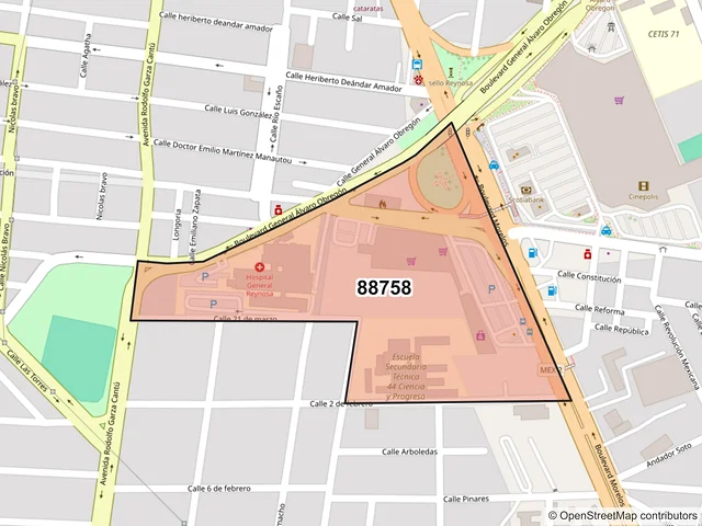 Mapa del código postal 88758, Reynosa, Tamaulipas