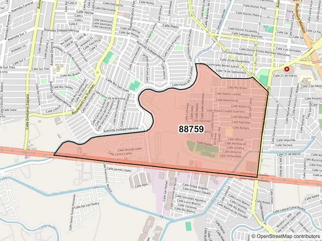 Mapa del código postal 88759, Reynosa, Tamaulipas