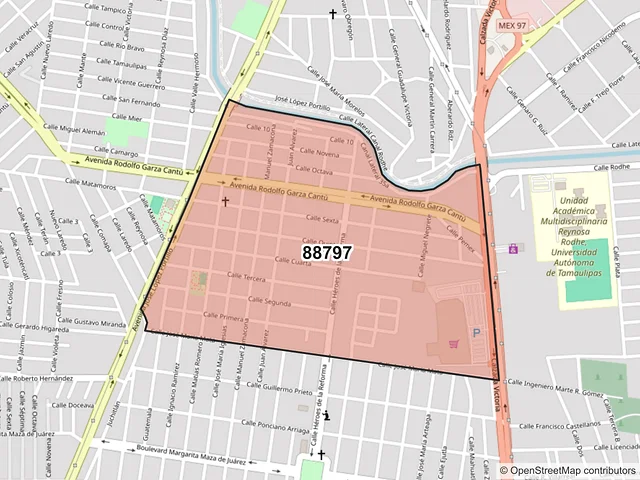 Mapa del código postal 88797, Reynosa, Tamaulipas