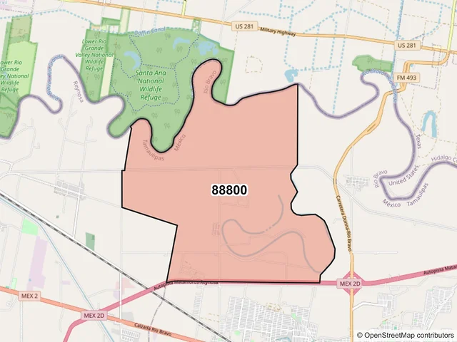 Mapa del código postal 88800, Río Bravo, Tamaulipas