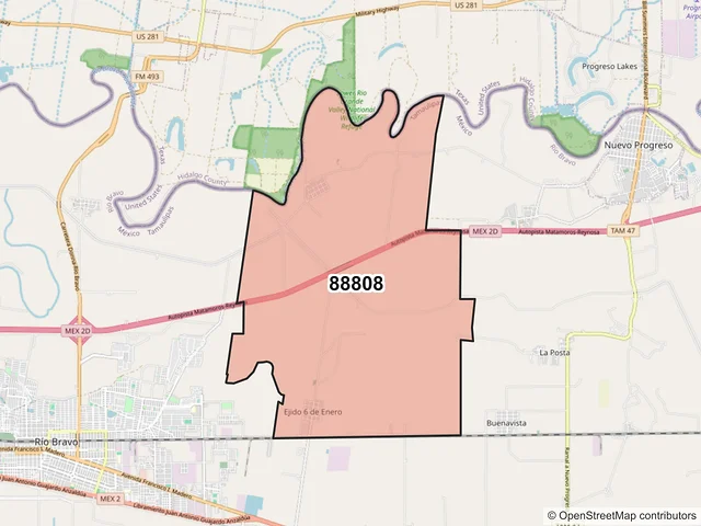 Mapa del código postal 88808, Río Bravo, Tamaulipas